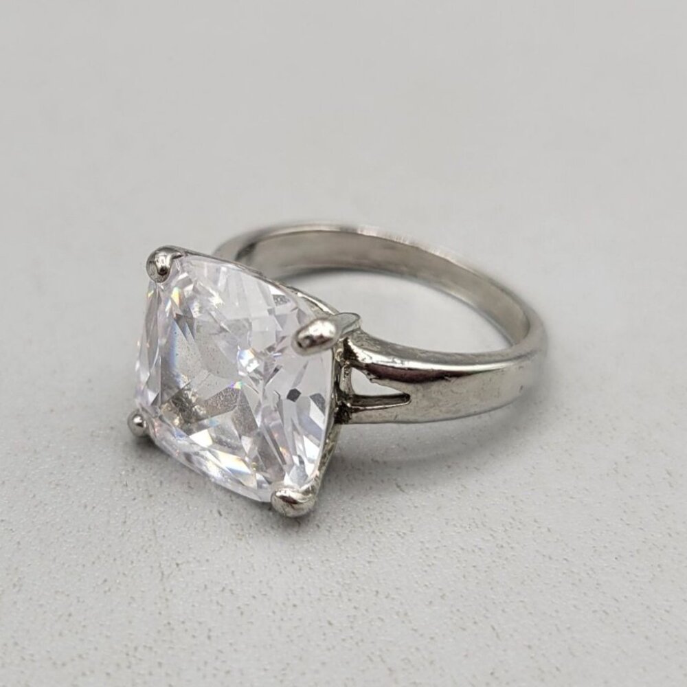 Silver Tone Cushion Cut Clear Glass Solitaire Ring Size 6.5